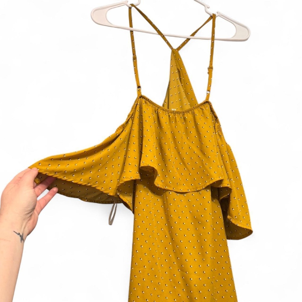 Maurices Mustard Polka Dot Cold Shoulder Ruffle Blouse Womens 2X Yellow Boho